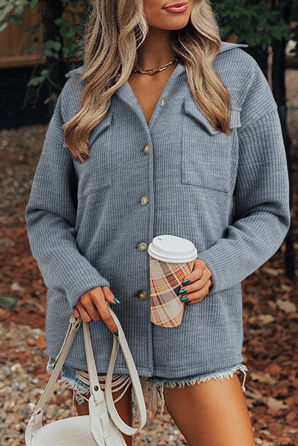 Medium Grey Ribbed Knit Buttons Front Flap Pocket Casual Shacket
