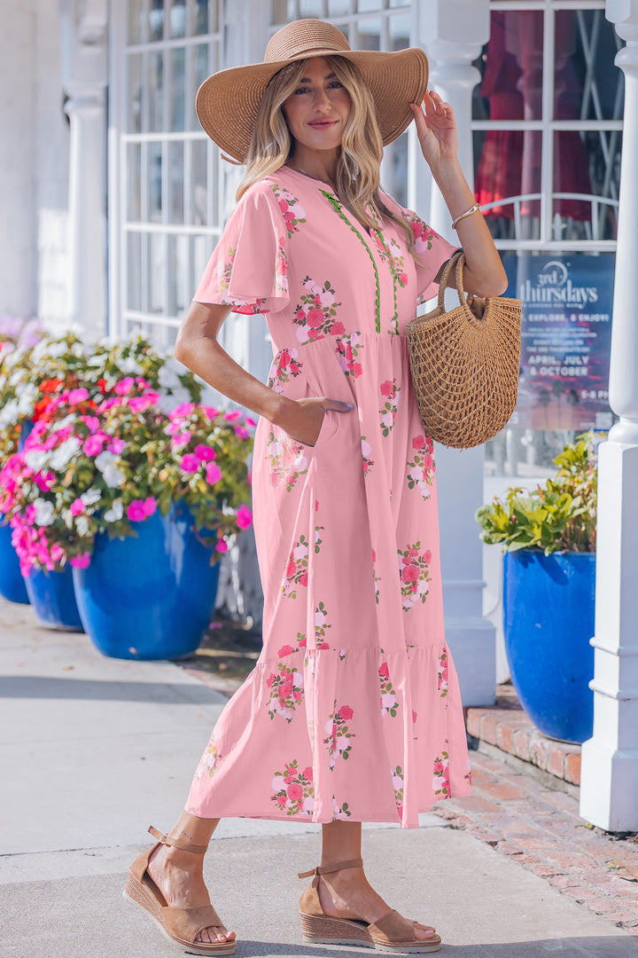 Pink Notched Neck Flutter Short Sleeve Floral Print Maxi Dress