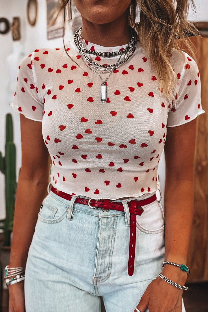 Pink Allover Heart Print Mesh Short Sleeve Top