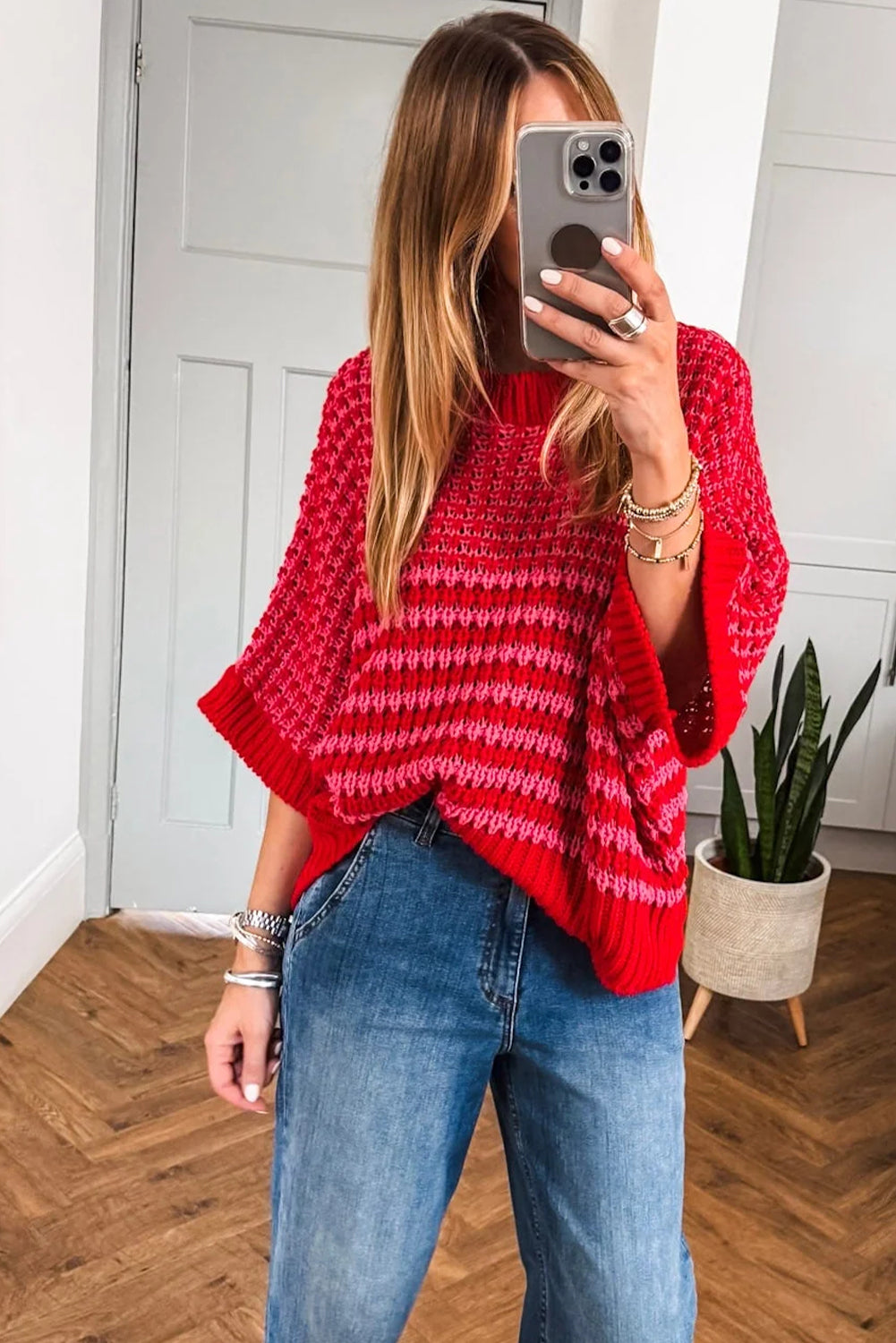 Red Stripe 3/4 Draped Sleeve Slouchy Sweater