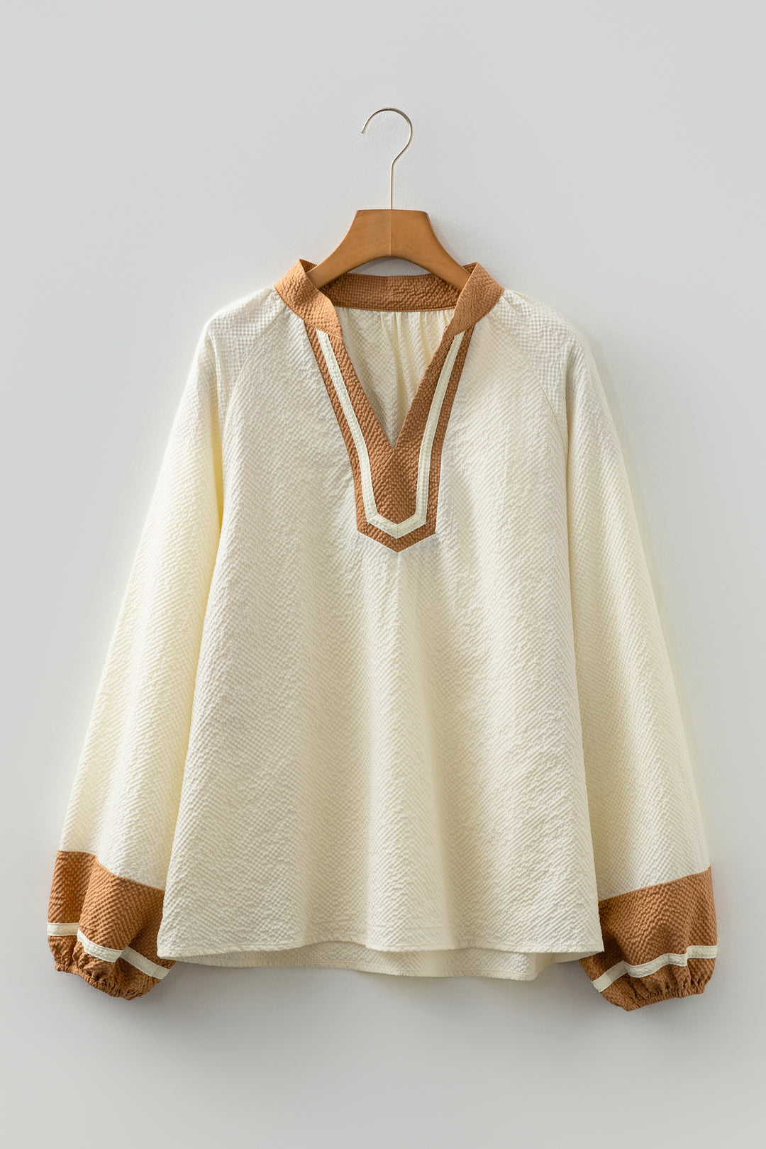 Jet Stream Color Block Patchwork Detail V Neck Textured Long Sleeve Blouse