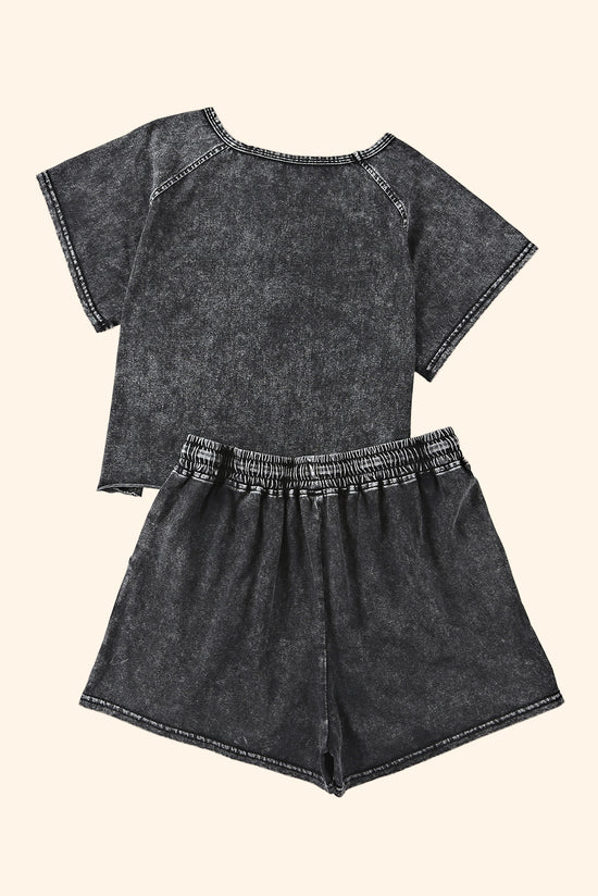 Black Acid Washed Short Lounge Set | Women