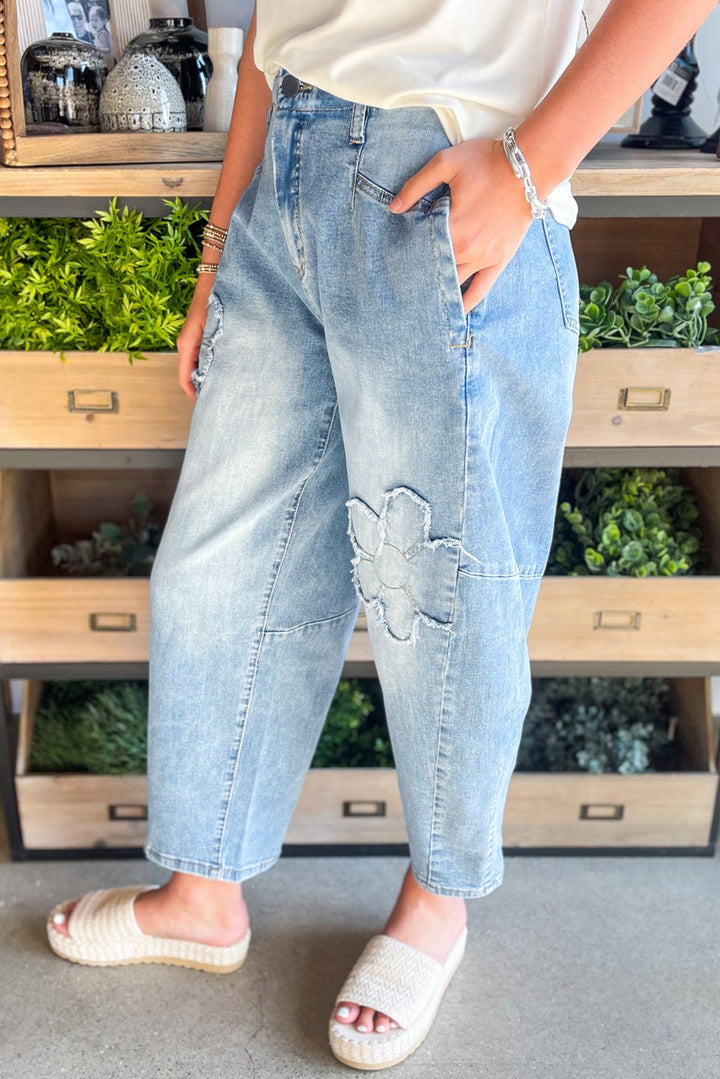 Beau Blue Flower Patched Light Wash Cropped High Waist Jeans