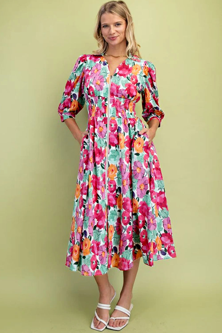 Rose Vibrant Floral Print V Neck Zip Up Puffy Half Sleeve Dress