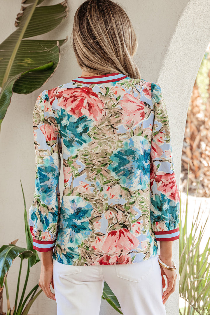 Sky Blue Contrast Trim V Neck Cuffed Bracelet Sleeve Floral Blouse