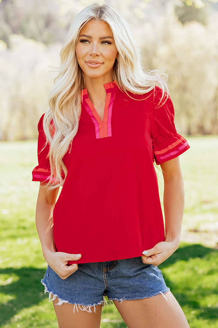 Green Striped Frilled Collar Ruffled Short Sleeve Blouse