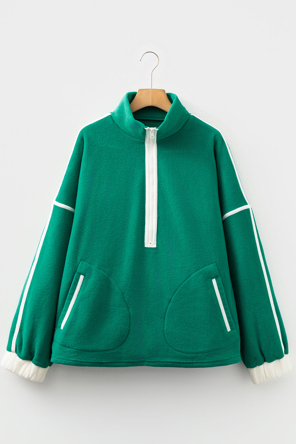 Dark Green Half Zip Contrast Trim Pocketed Plus Size Fleece Sweatshirt