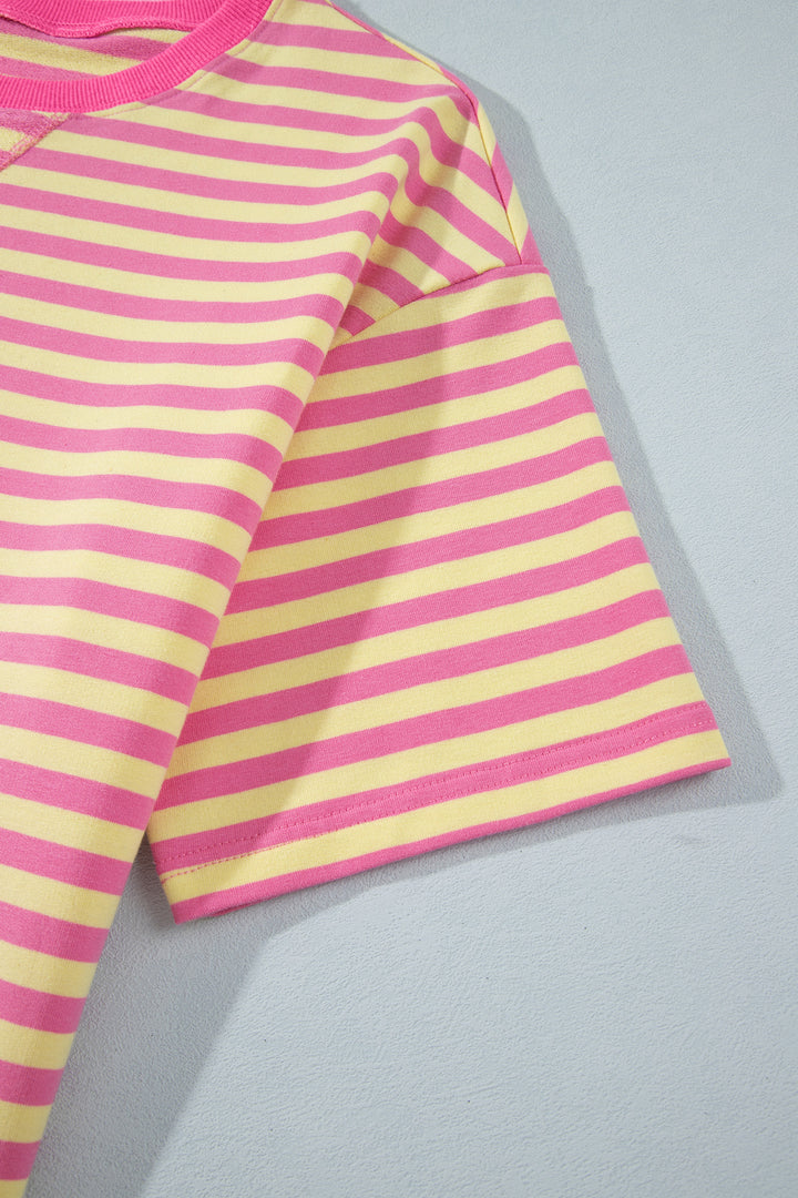 Yellow Stripe Colorblock Trim Crew Neck Loose Tee Drawstring Elastic Waist 2pcs Pant Set