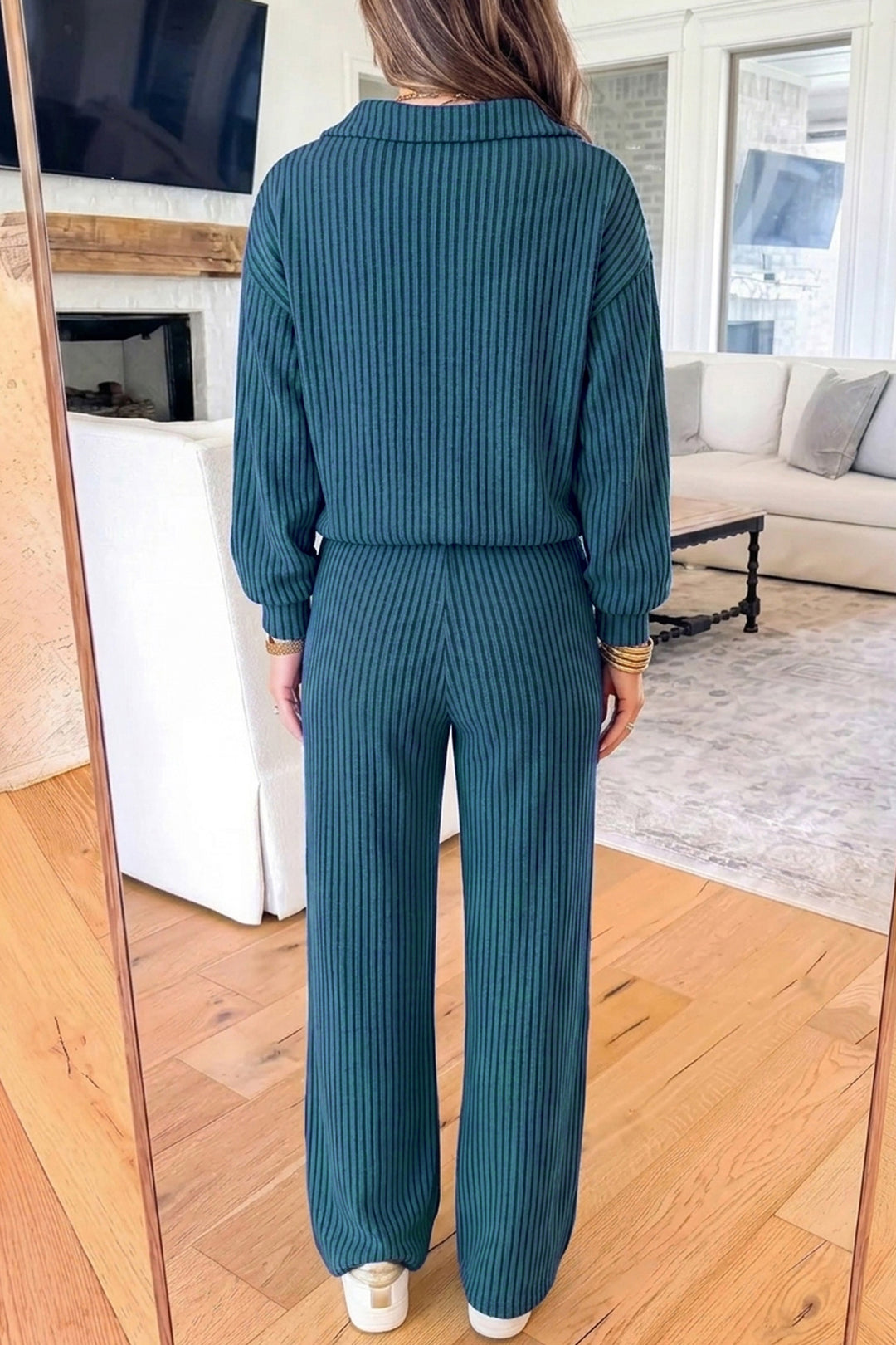 Sky Blue Ribbed Knit Collar V Neck Pullover Drawstring Waist Pants 2pcs Set