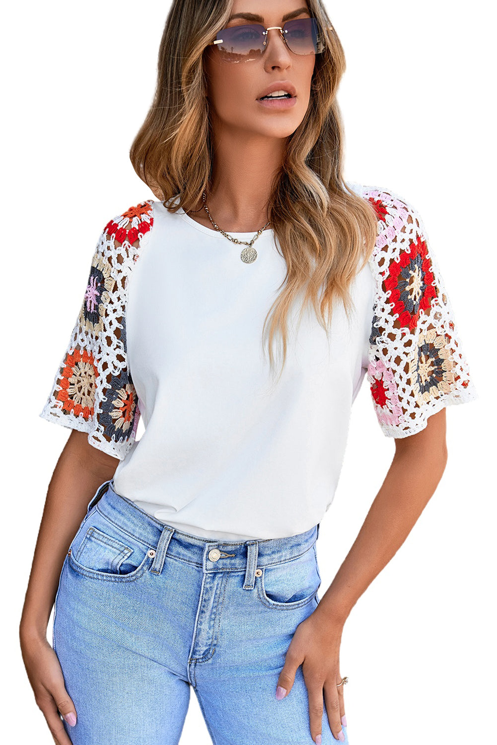 White Floral Crochet Short Sleeve Top | Women