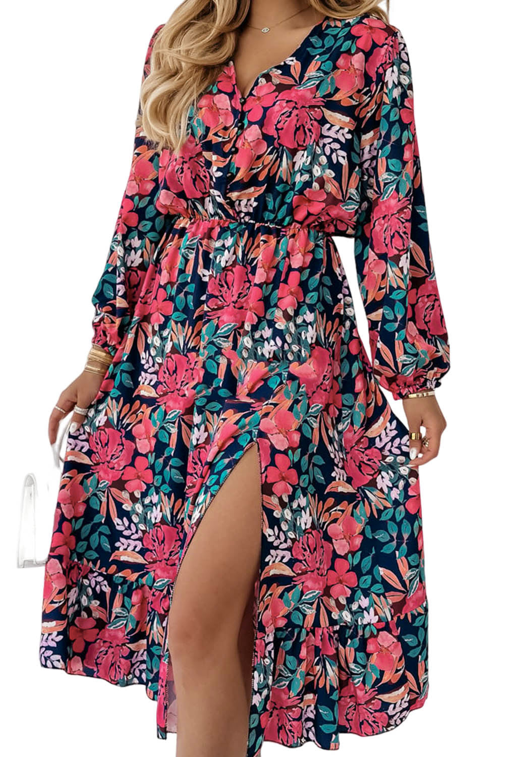 Fiery Red V Neck Elastic High Waist Split Floral Dress | Women