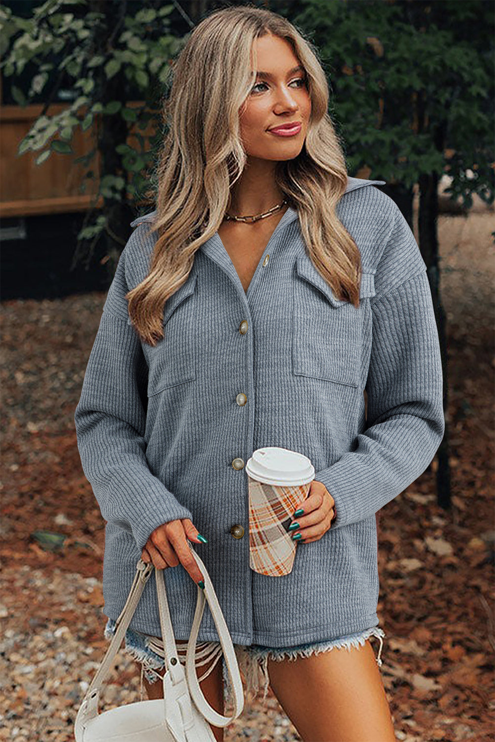 Medium Grey Ribbed Knit Buttons Front Flap Pocket Casual Shacket