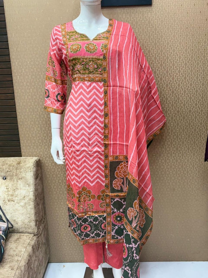 Rose Pink Printed Silk Kurta Set with Contrast Dupatta
