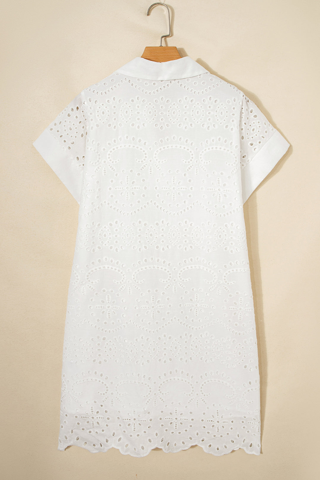 White Solid Color Eyelet Embroidered Cotton T Shirt Mini Dress