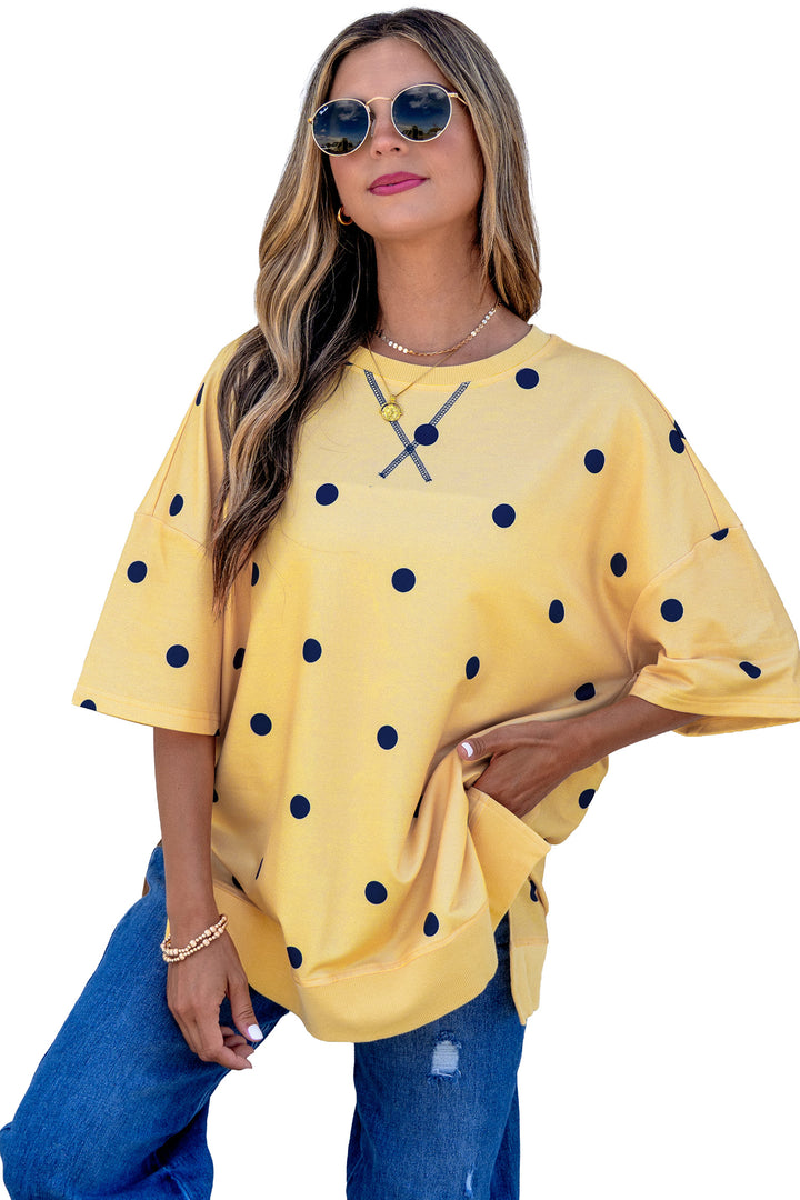 Yellow Polka Dot Print Crossed Seam Detail Oversize Tee