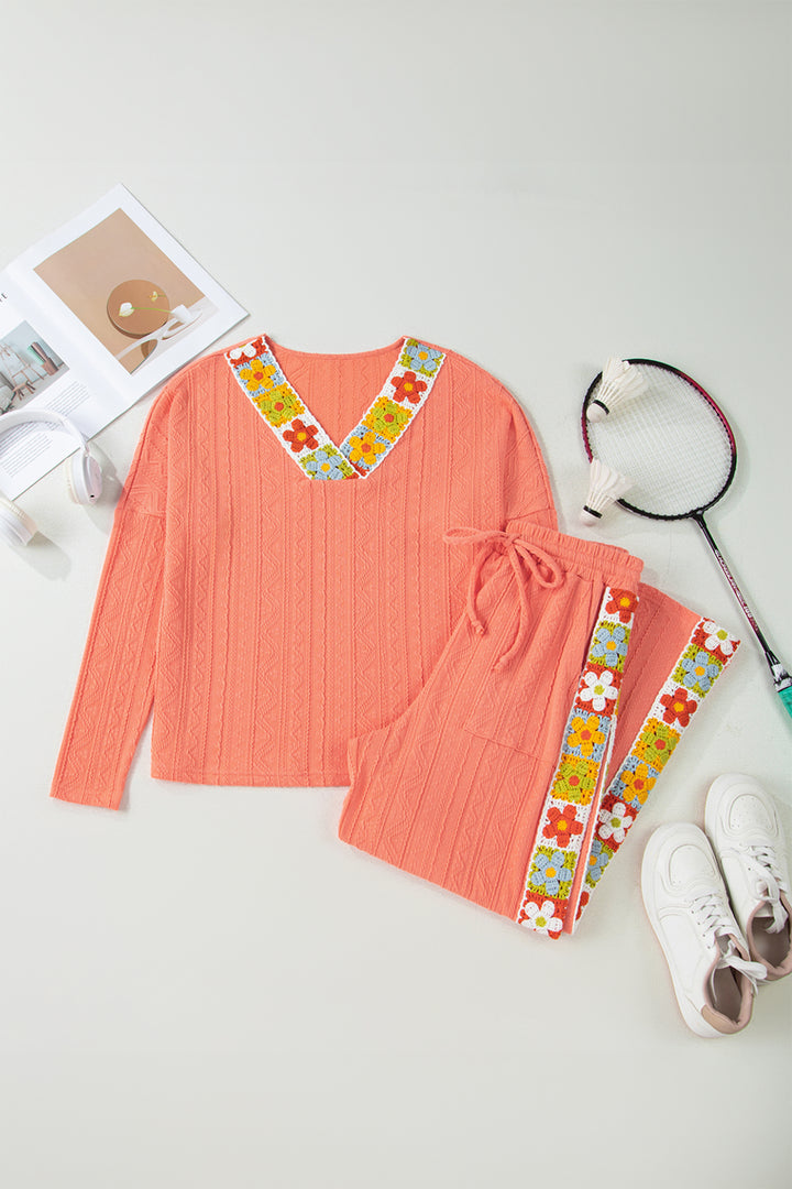 Grapefruit Orange Crochet Floral Accent V Neck Textured Pants Set