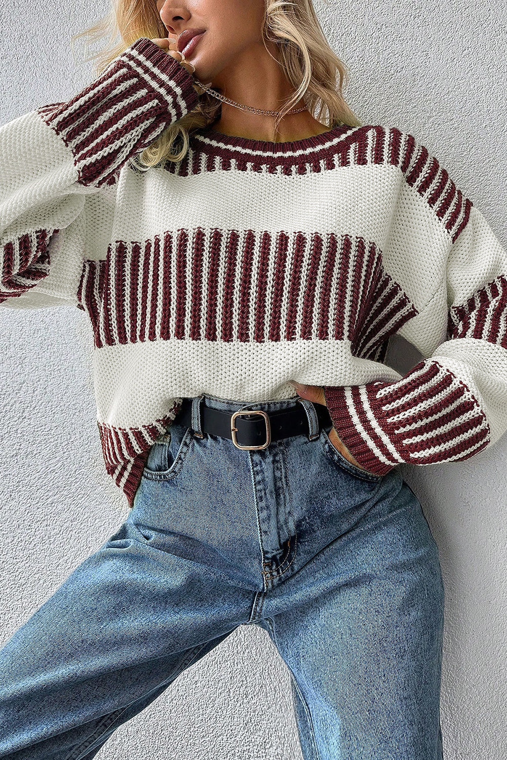 Brown Two Tone Striped Patchwork Drop Shoulder Loose Sweater