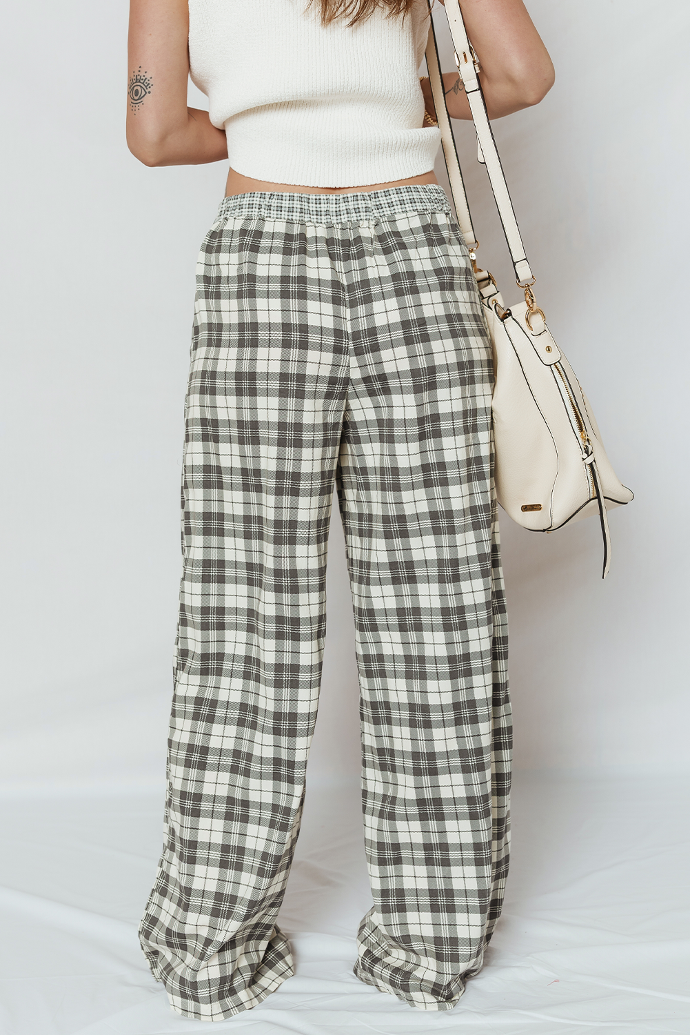 Gray Plaid Wide Leg Casual Pants