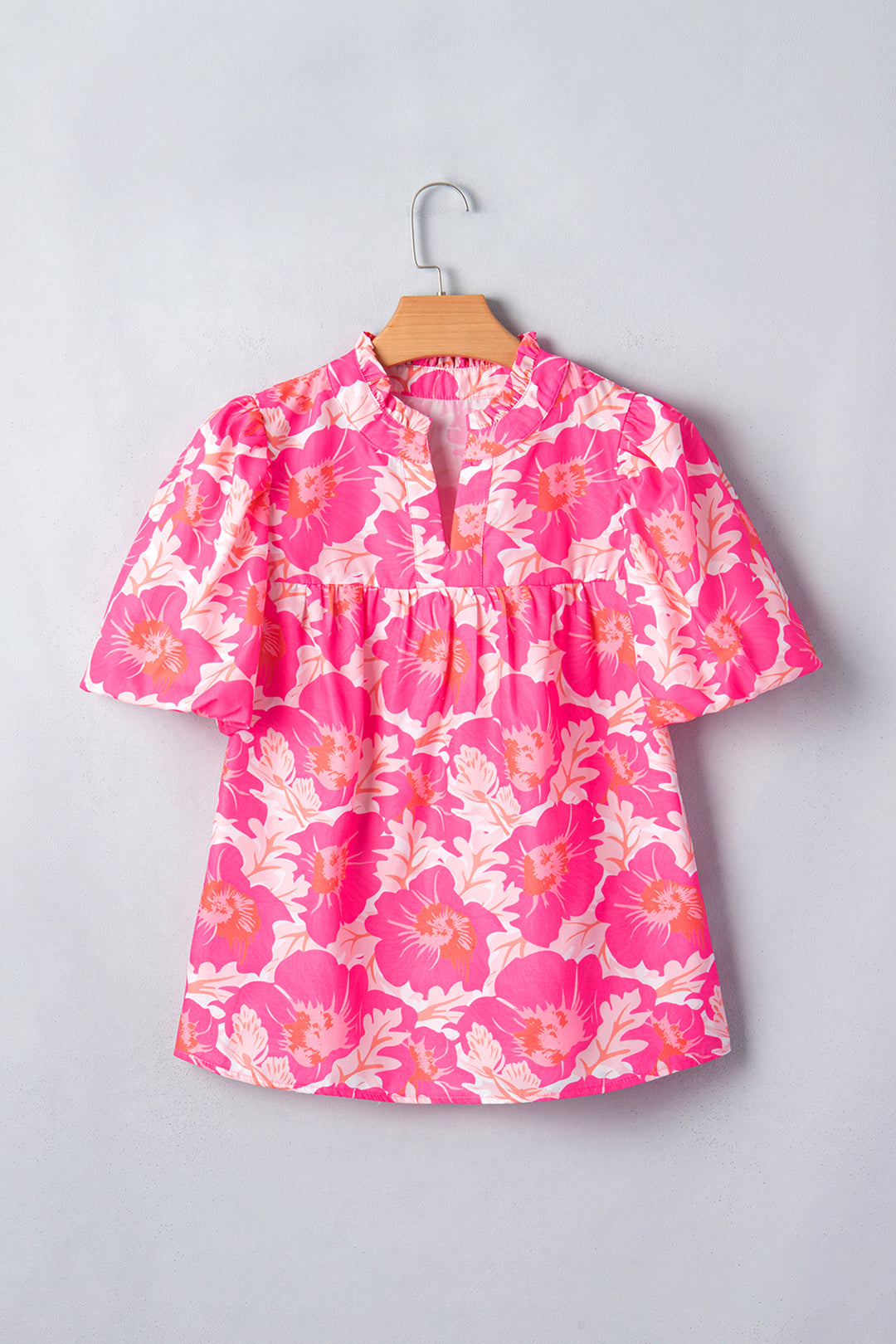 Pink Short Bubble Sleeve Summer Floral Blouse