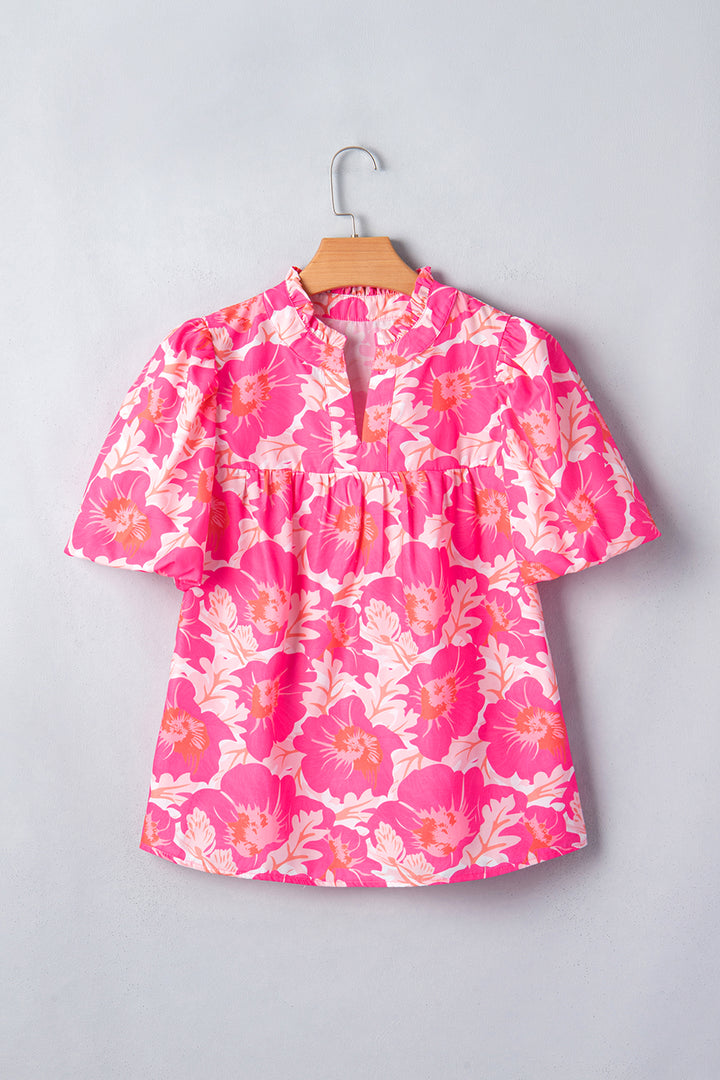 Pink Short Bubble Sleeve Summer Floral Blouse