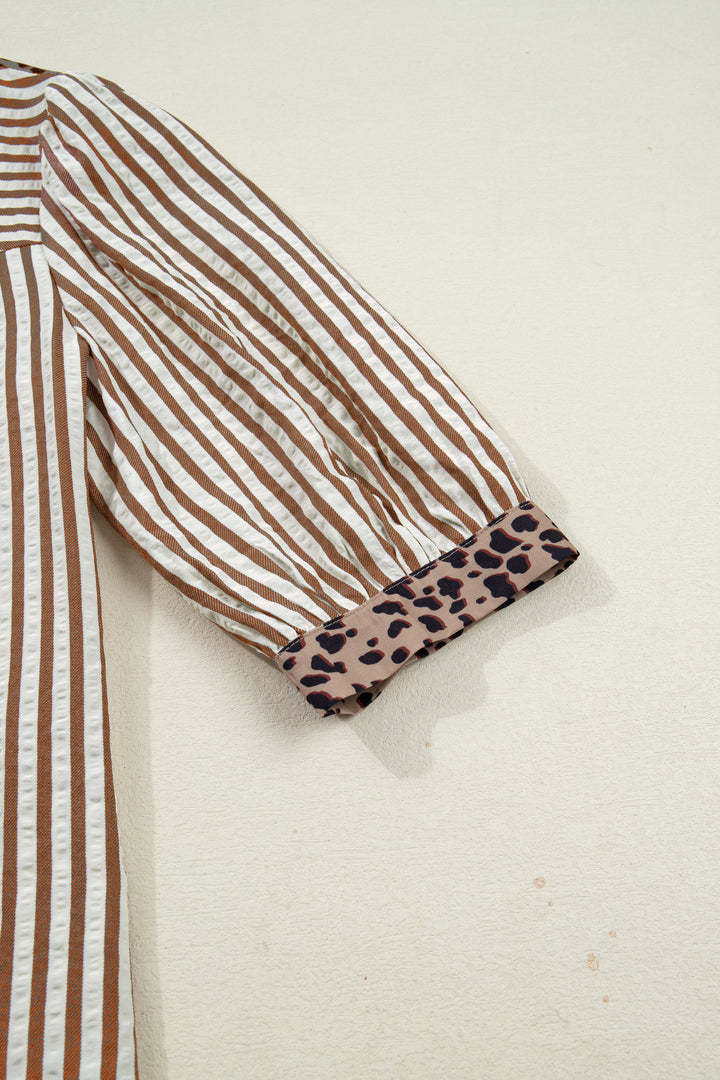 Brown Stripe Leopard Trim V Neck Button Down Half Sleeve Shirt