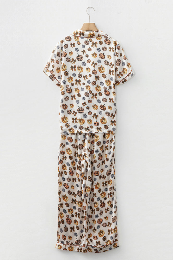 Beige Leopard Pumpkin Allover Halloween 2pcs Pajama Set
