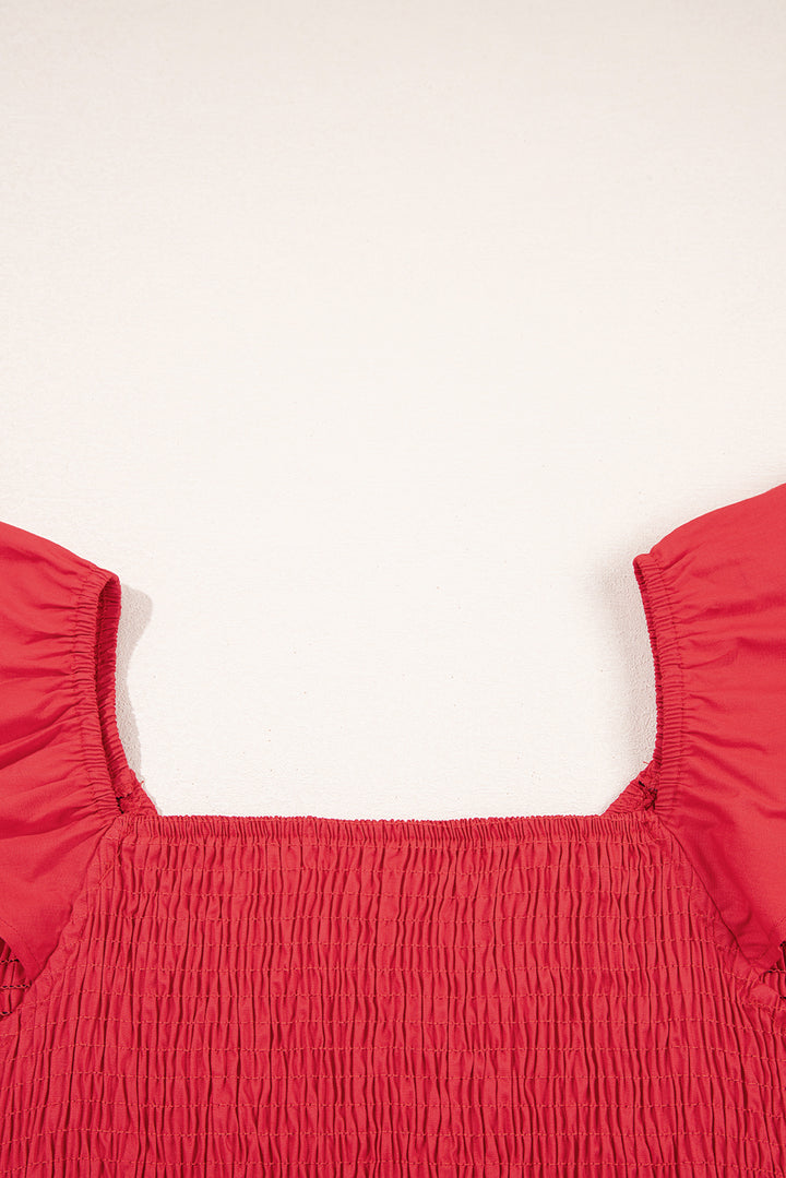 Pink V Neck Flutter Sleeve Smocked Bodice High Waist Ruffle Maxi Dress