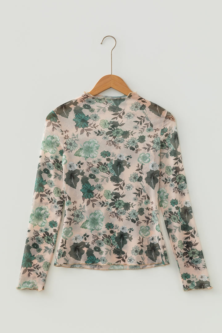 Green Western Style Floral Print Long Sleeve Mesh Top