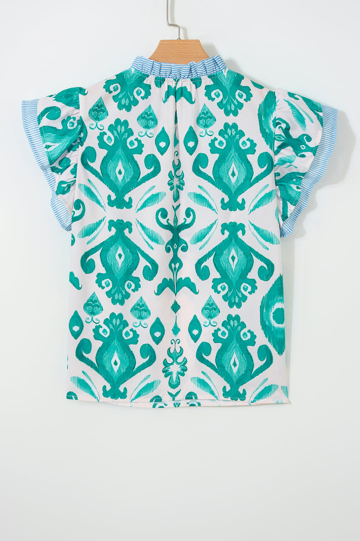 Sky Blue Ethnic Print Striped Trim Flutter Sleeve Top
