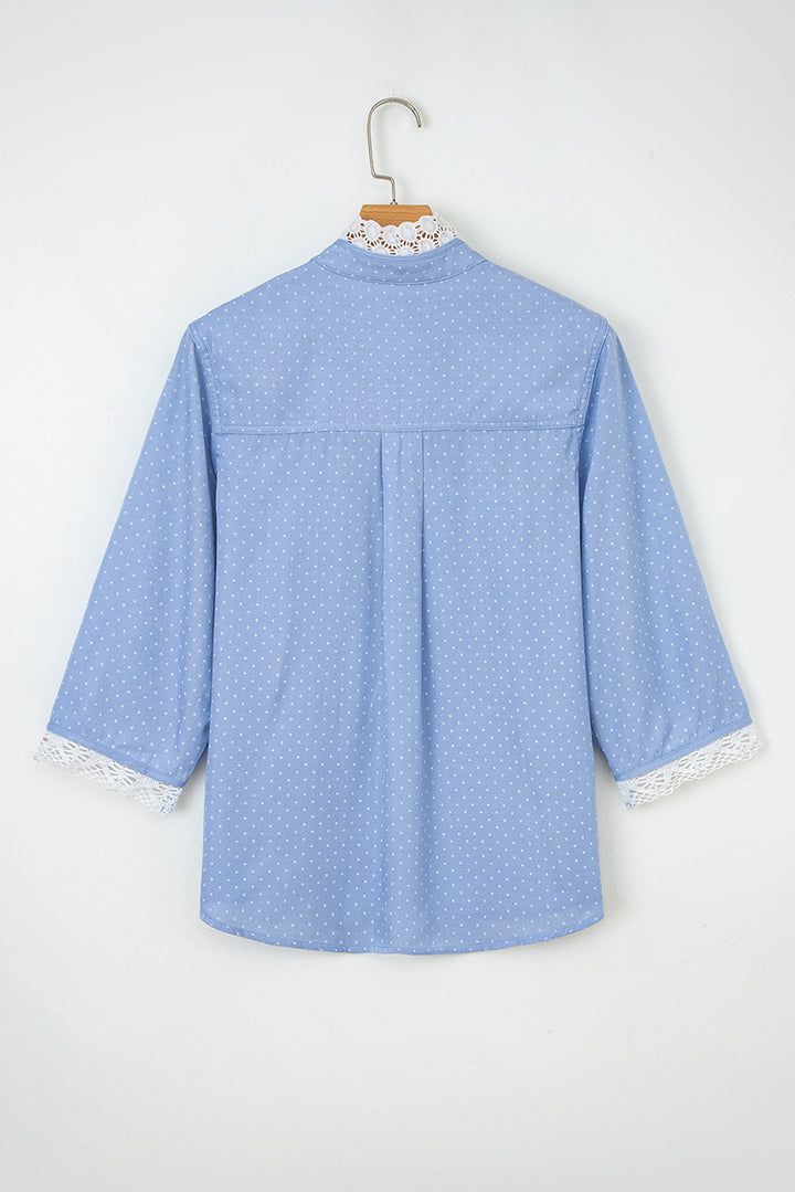 Beau Blue Lace Trim Patchwork Dotted Print Collared Denim Blouse