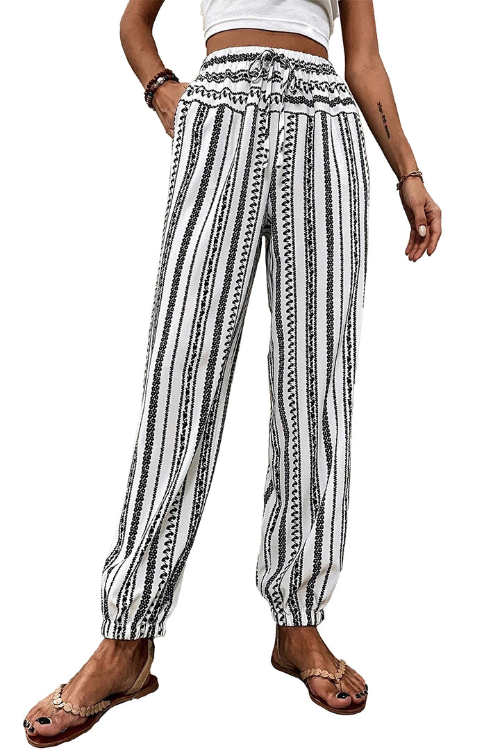 Black Stripe Boho Print Drawstring Elastic Waistband Casual Joggers