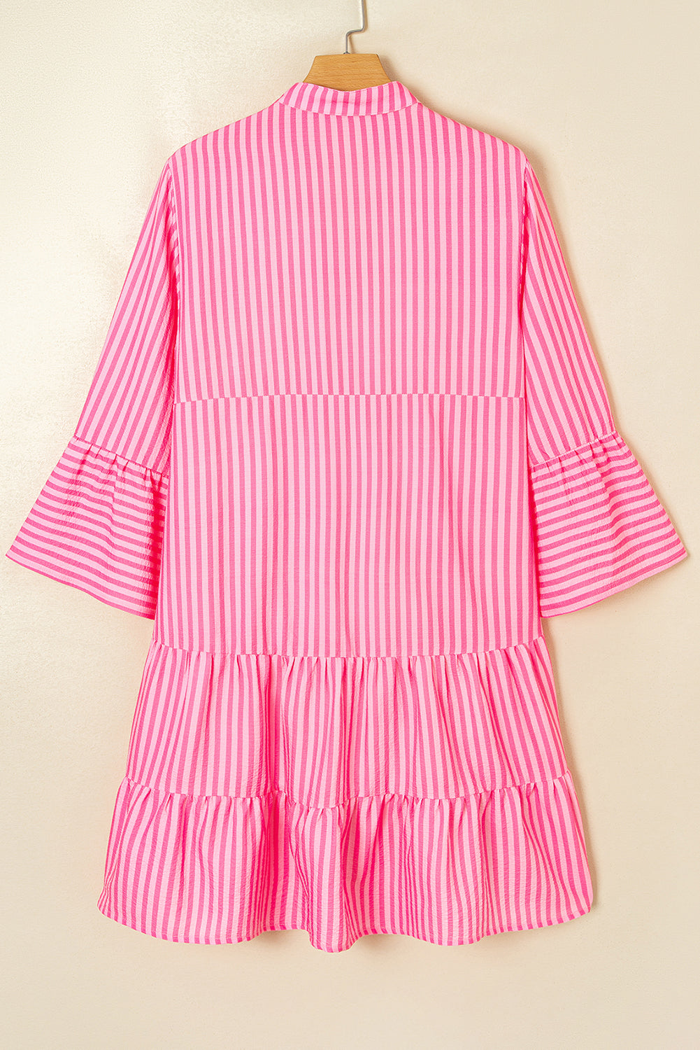 Pink Stripe Flare Sleeve Half Placket Tiered Flowy Mini Dress