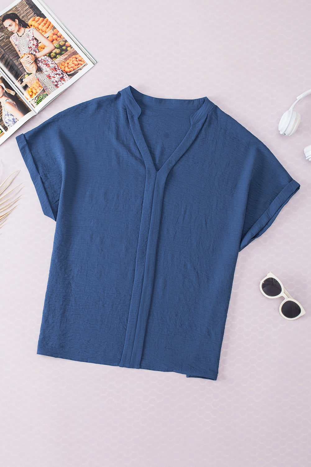 Sail Blue Notched Neck Batwing Sleeve Lightweight Blouse
