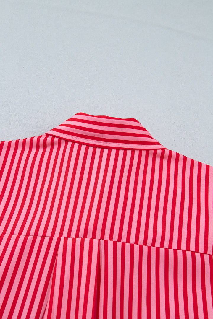 Red Stripe Button-Up Shirt Long Sleeve Patch Pocket Casual Shirt