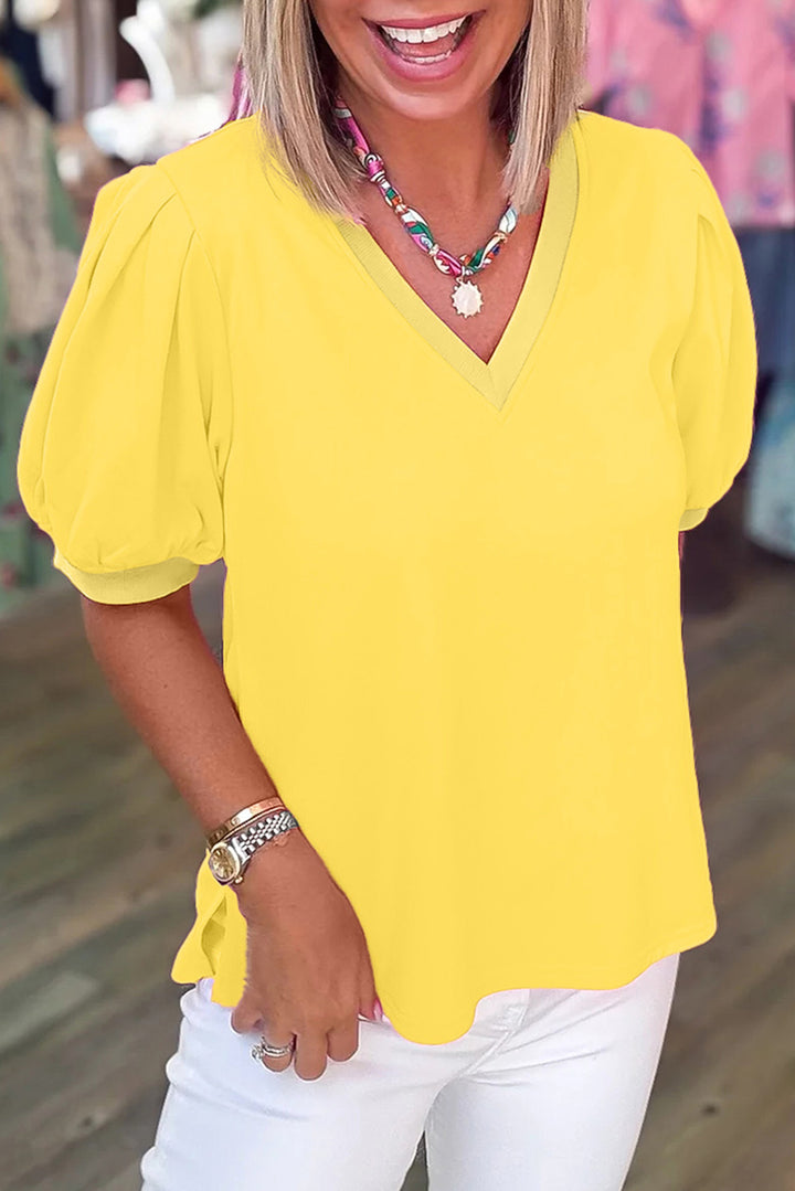 Bonbon Solid Color V Neck Short Puff Sleeve Blouse