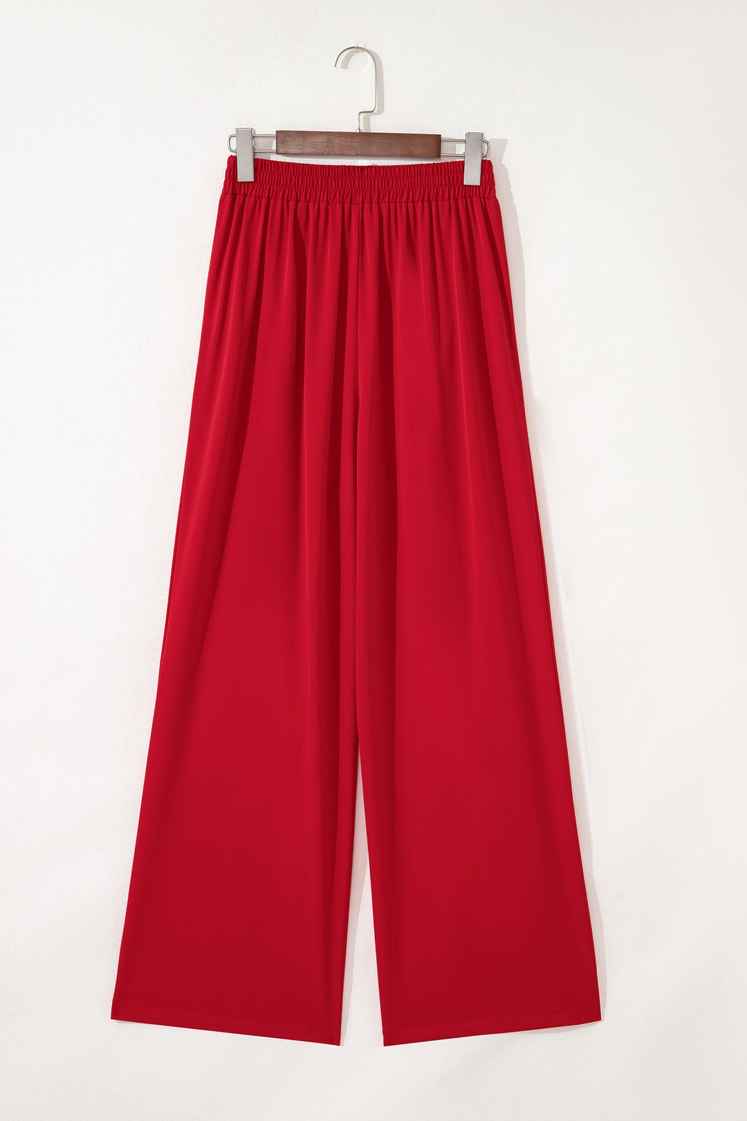 Fiery Red Pleated Detail Pull On High Elastic Waist Loose Straight Pants