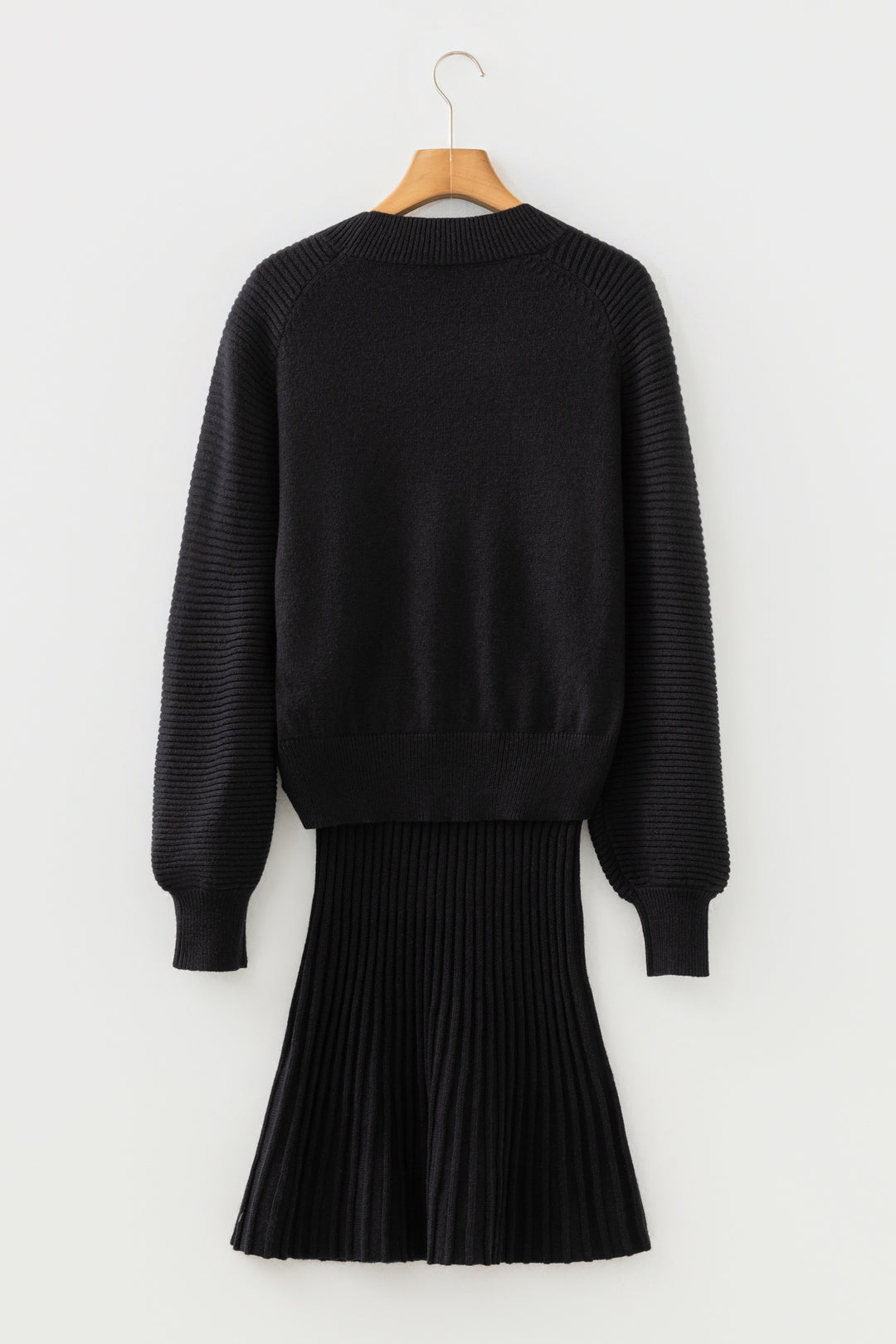 Smoke Gray Lantern Sleeve Sweater Pleated Knitted Mini Skirt Set