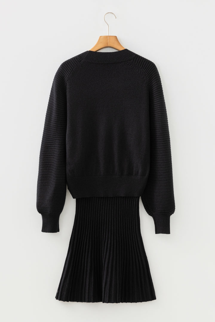 Smoke Gray Lantern Sleeve Sweater Pleated Knitted Mini Skirt Set