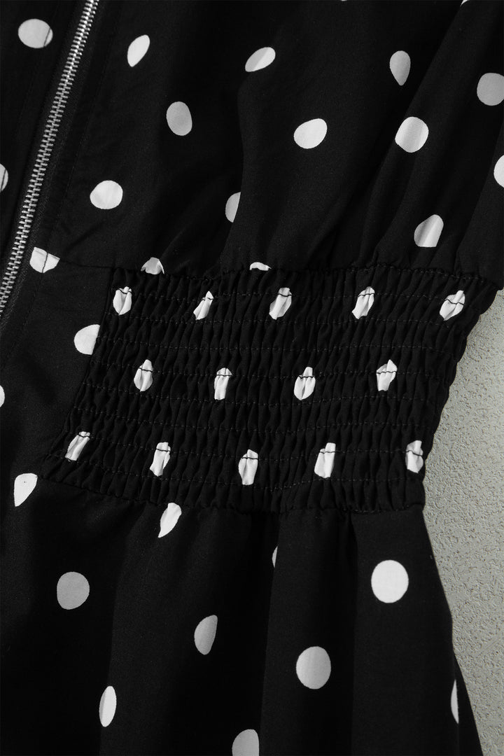 Black Polka Dot Print Contrast Trim V Neck Zip Up Sleeveless Dress
