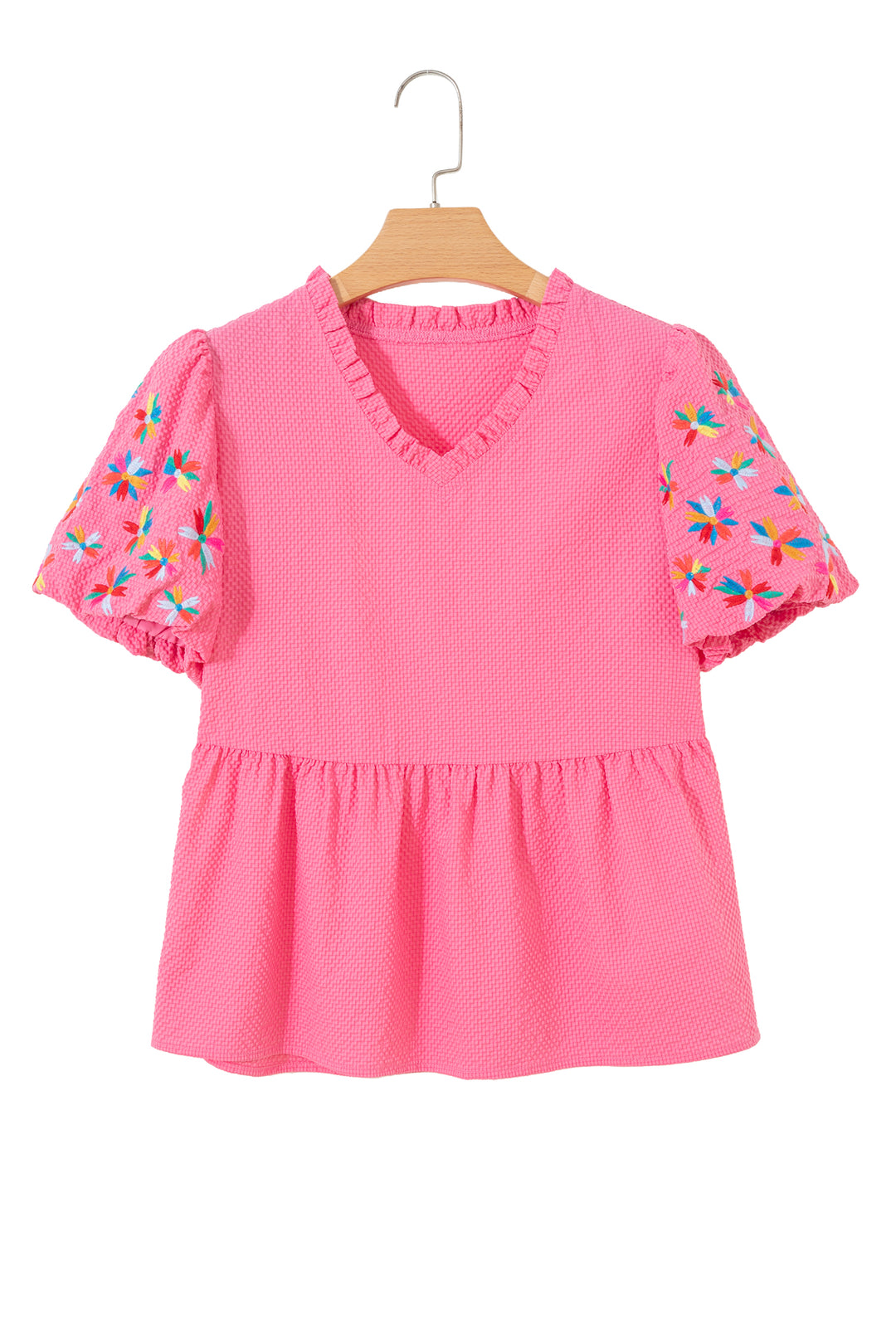Sachet Pink Frilled V Neck Flower Embroidered Puff Sleeve Textured Blouse