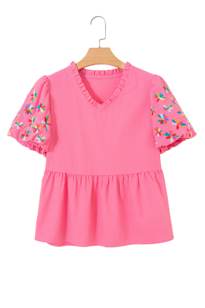 Sachet Pink Frilled V Neck Flower Embroidered Puff Sleeve Textured Blouse