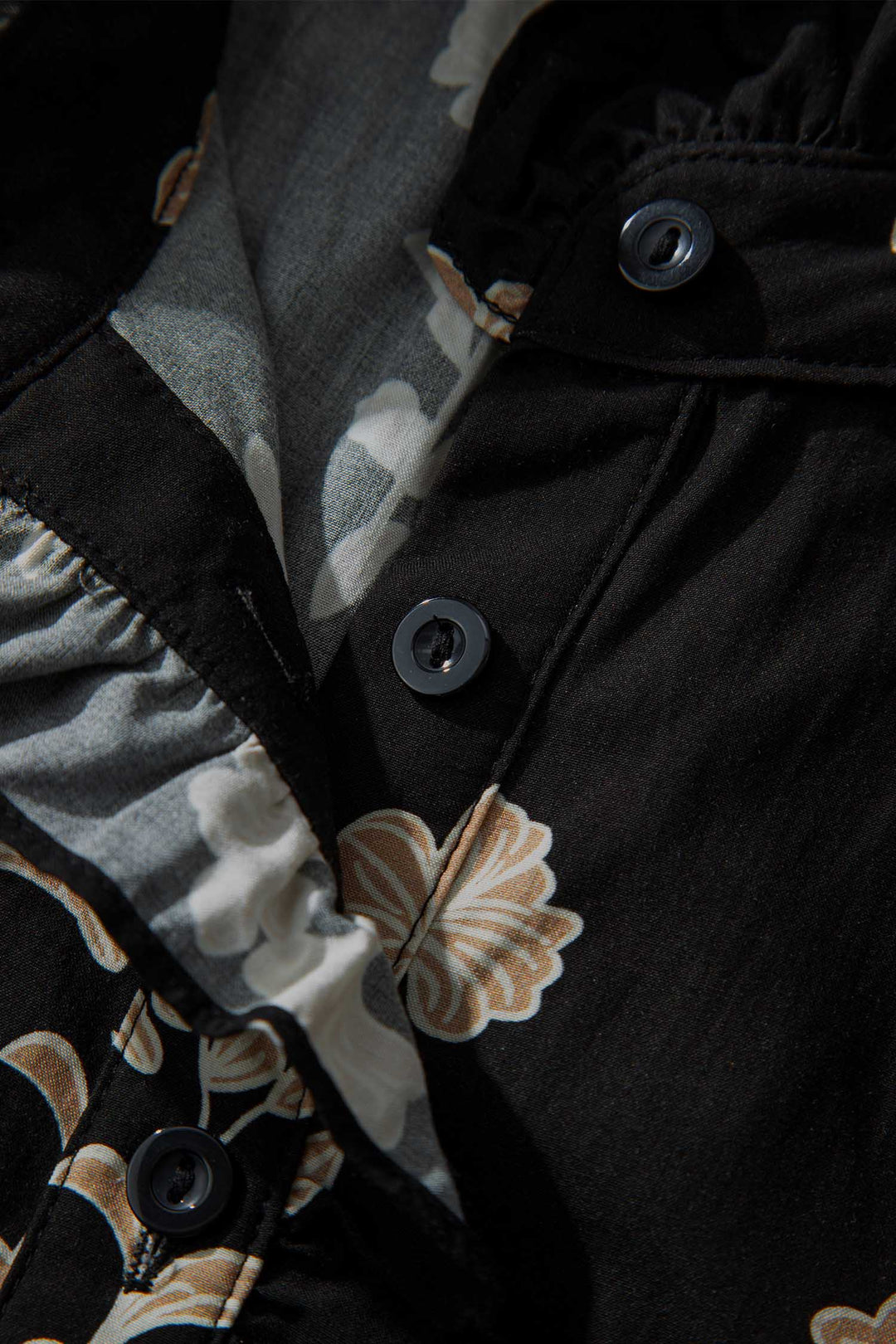 Black Floral Print Frilled Collar Short Puff Sleeve Maxi Dress