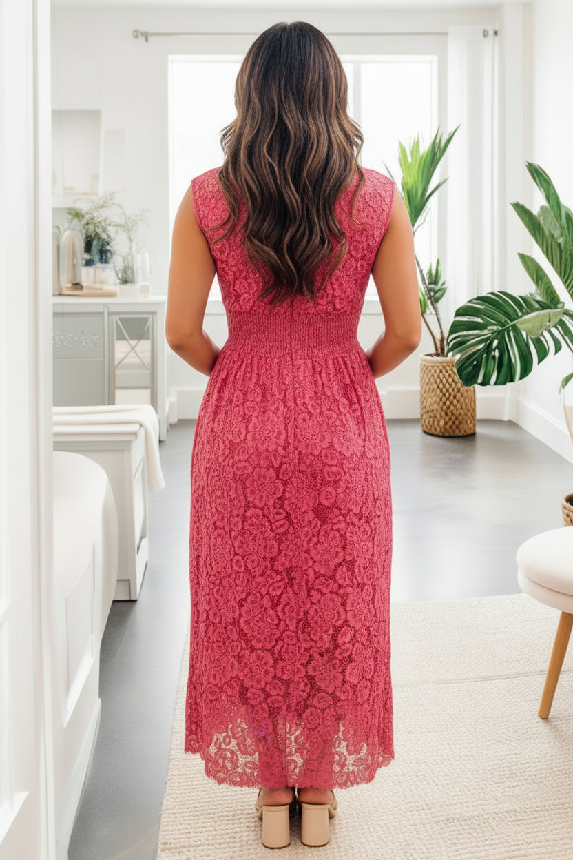 Coral Floral Lace Overlay Zip Up V Neck Smocked Waist Sleeveless Dress