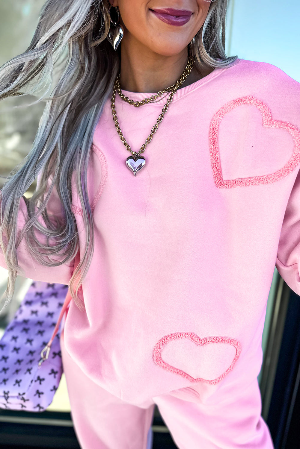 Phalaenopsis Chenille Heart Pattern Casual 2pcs Pants Set