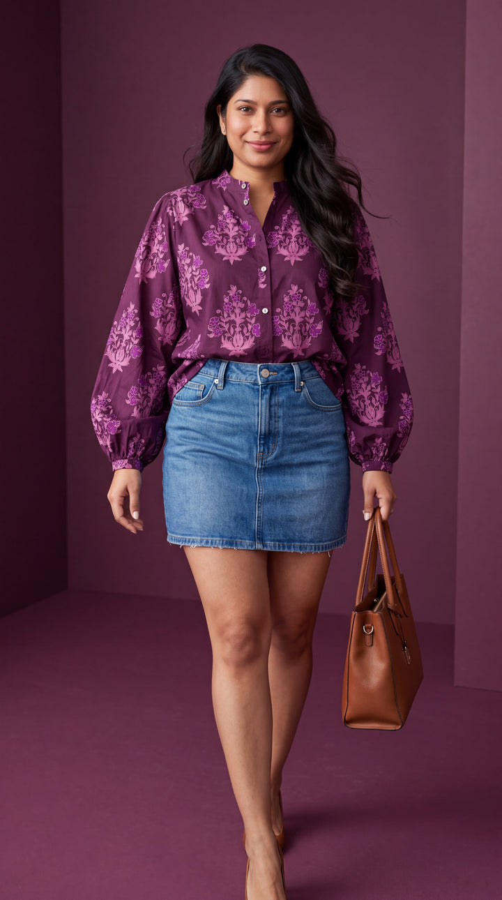 Purple Floral Print Button Front Long Puff Sleeve Shirt