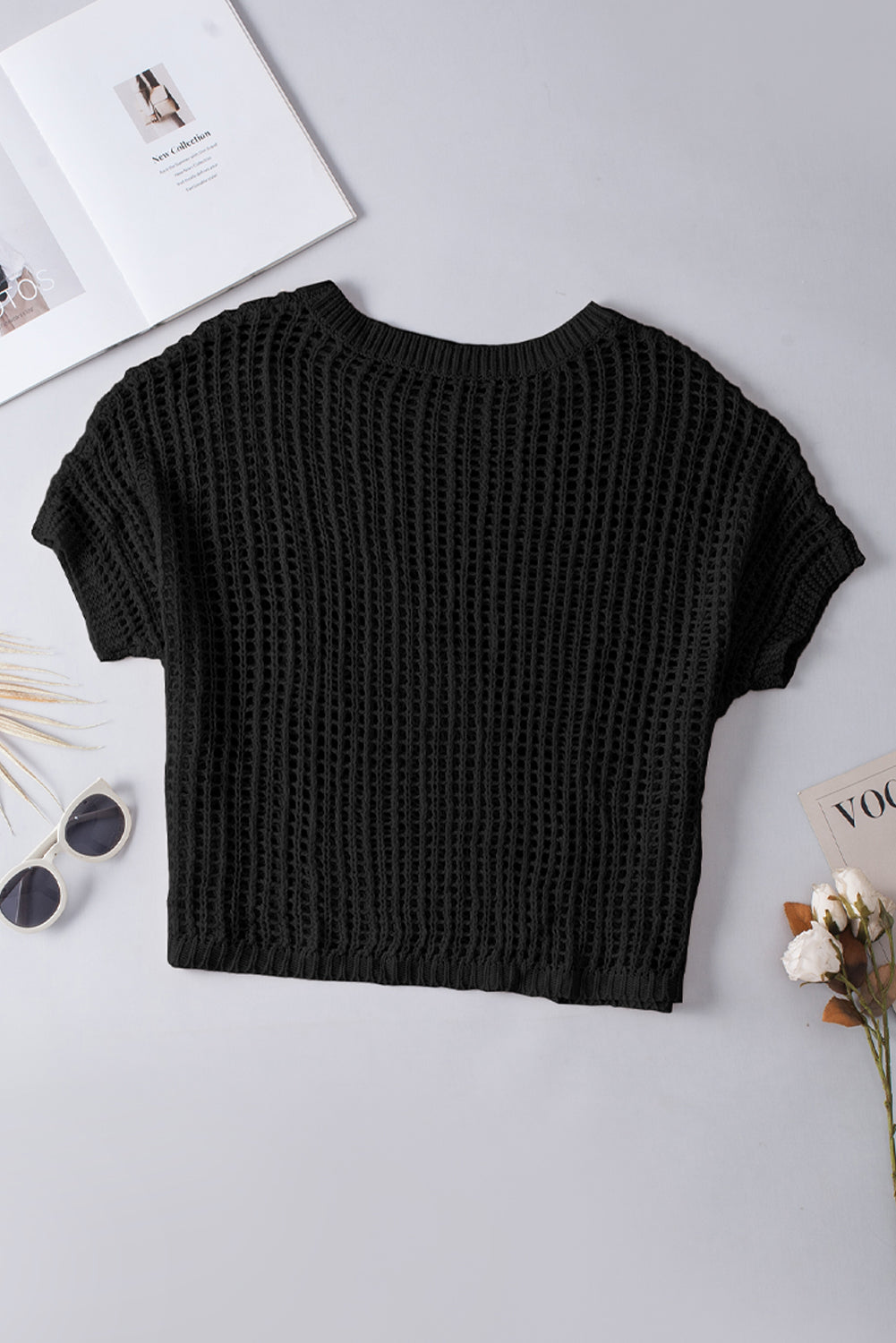 Black Fishnet Knit Ribbed Round Neck Short Sleeve Sweater Tee