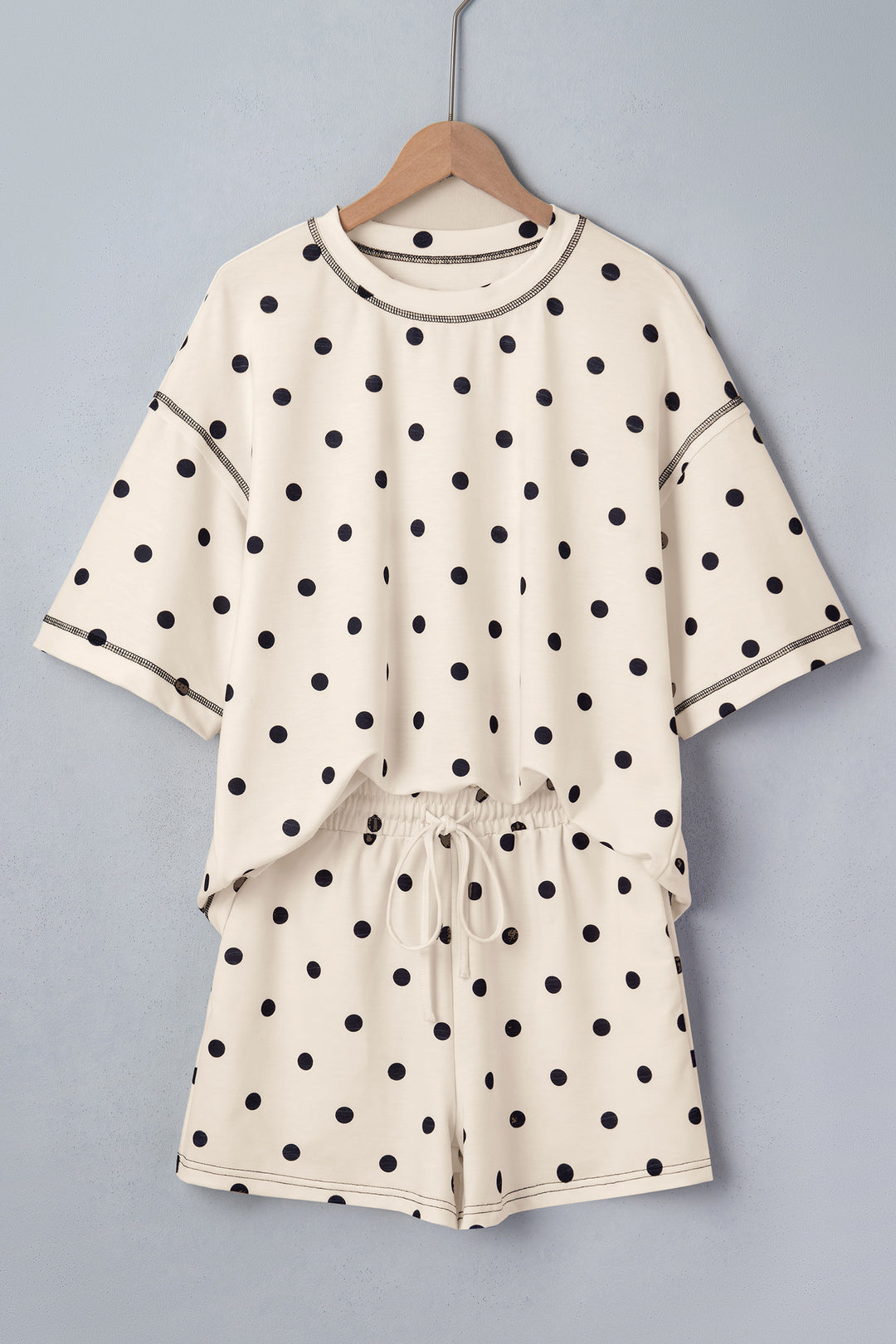 White Exposed Seam Detail Polka Dot Loose Tee Drawstring Shorts Set