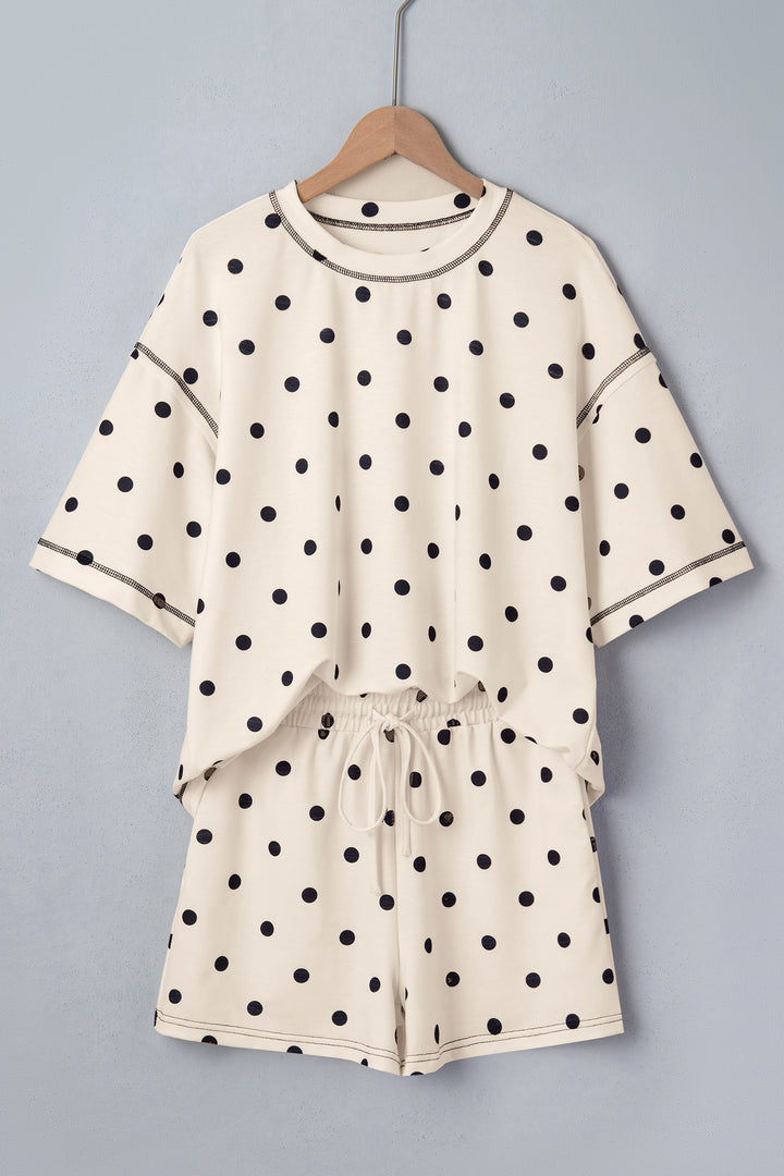 White Exposed Seam Detail Polka Dot Loose Tee Drawstring Shorts Set