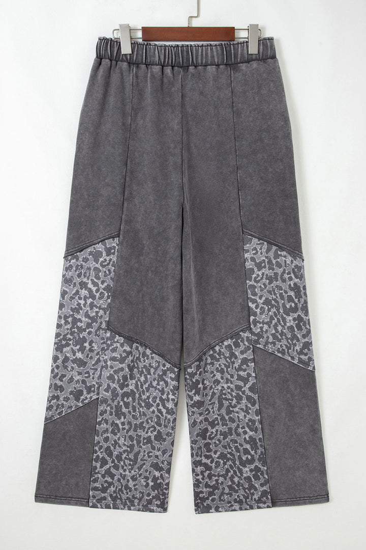 Dark Grey Mineral Wash Leopard Patchwork Loose Pants