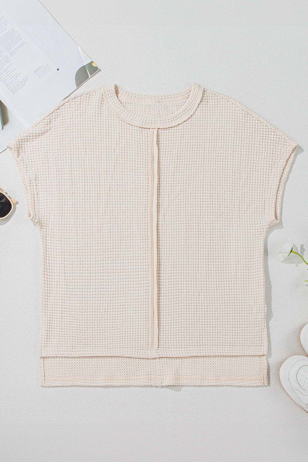 Pale Khaki Solid Color Textured Seamed Short Sleeve Top